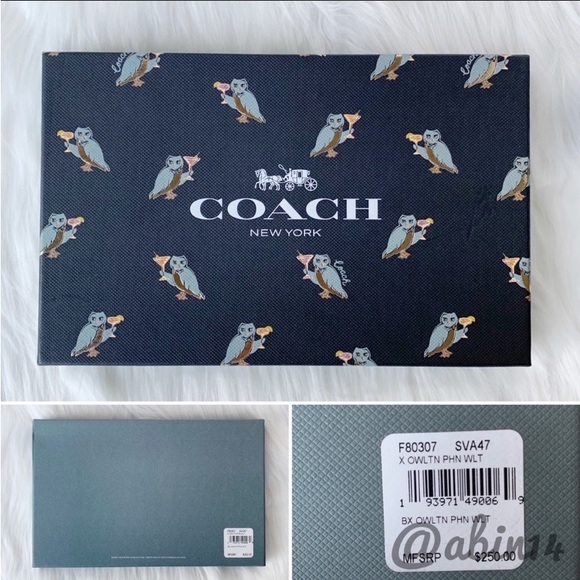 NWT Coach Boxed Zip Around Phone Wallet Wristlet with Charms in Party Owl Print - Picture 6 of 9